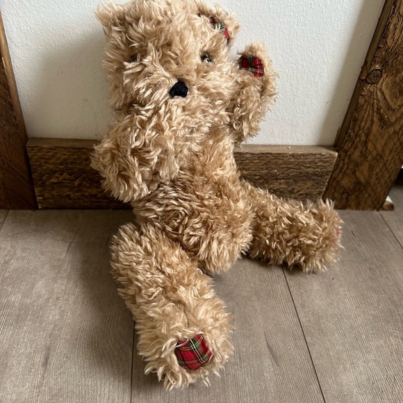 Vintage Shaggy Jointed Brown & Plaid Kiss Blowing Teddy Bear Plush THE CUTEST - Picture 3 of 15